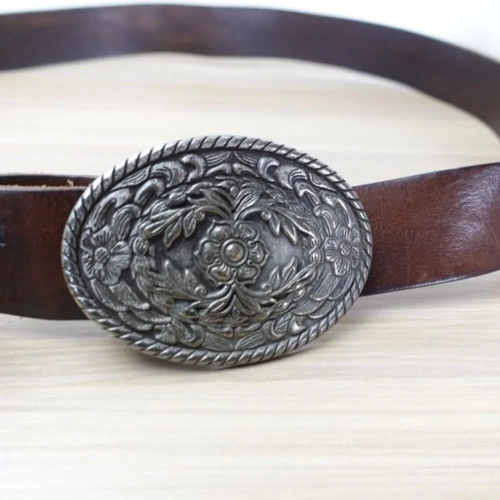 VINTAGE Cowboy Brown Leather Belt Men 46 XXL EDDIE BAUER Western Buckle USA RARE